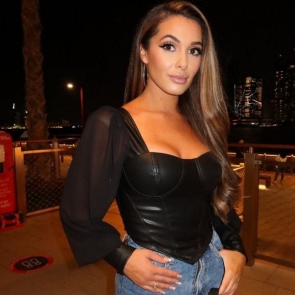 Black Vegan Leather Faux Leather Long Sleeve Bustier Top Blouse - Picture 8 of 10